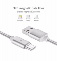 Магнитный Шнур Data кабель для зарядки 3 in1 USB Micro + iPhone5/6 + Type C magnetic cable ткань